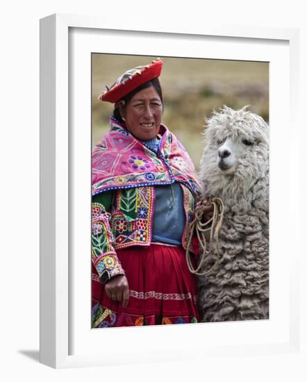 Peru, a Female with an Alpaca at Abra La Raya-Nigel Pavitt-Framed Photographic Print