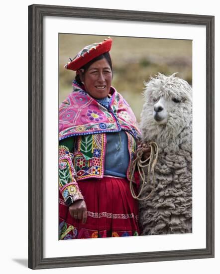 Peru, a Female with an Alpaca at Abra La Raya-Nigel Pavitt-Framed Photographic Print