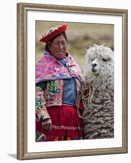 Peru, a Female with an Alpaca at Abra La Raya-Nigel Pavitt-Framed Photographic Print