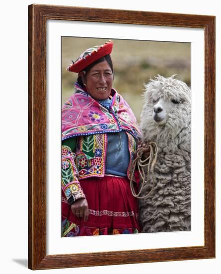 Peru, a Female with an Alpaca at Abra La Raya-Nigel Pavitt-Framed Photographic Print