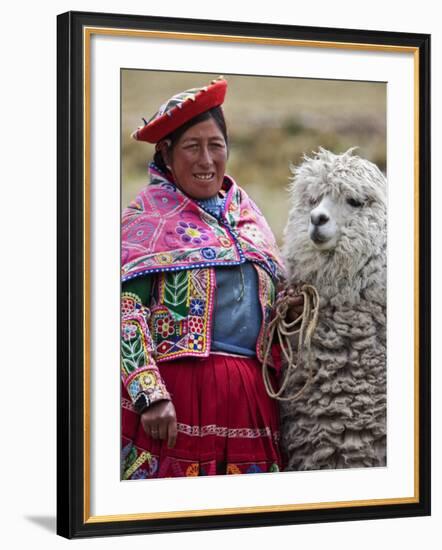 Peru, a Female with an Alpaca at Abra La Raya-Nigel Pavitt-Framed Photographic Print