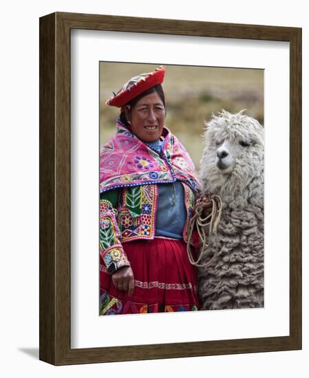 Peru, a Female with an Alpaca at Abra La Raya-Nigel Pavitt-Framed Photographic Print