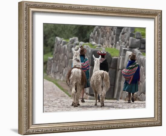 Peru, Native Indian Women Lead their Llamas Past the Ruins of Saqsaywaman-Nigel Pavitt-Framed Photographic Print