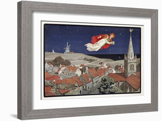 Peter and Wendy Flying from Peter Pan by J M Barrie (1860 - 1937) , Pub.1904 (Colour Litho)-Charles A Buchel-Framed Giclee Print