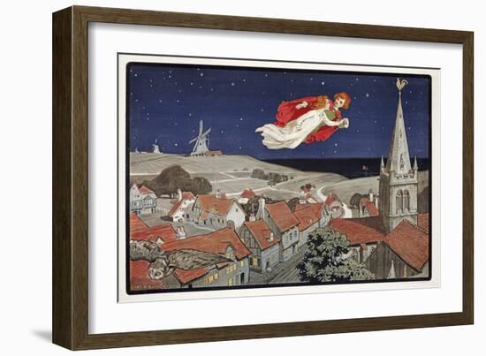 Peter and Wendy Flying from Peter Pan by J M Barrie (1860 - 1937) , Pub.1904 (Colour Litho)-Charles A Buchel-Framed Giclee Print