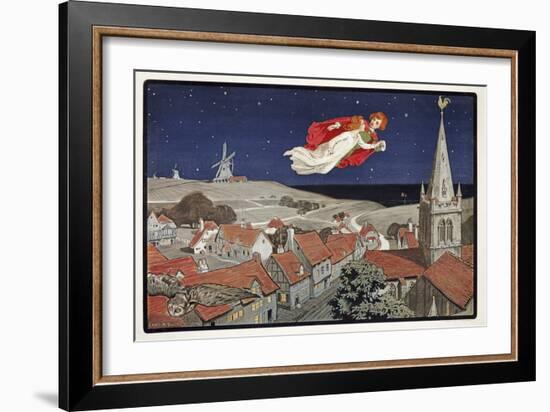 Peter and Wendy Flying from Peter Pan by J M Barrie (1860 - 1937) , Pub.1904 (Colour Litho)-Charles A Buchel-Framed Giclee Print