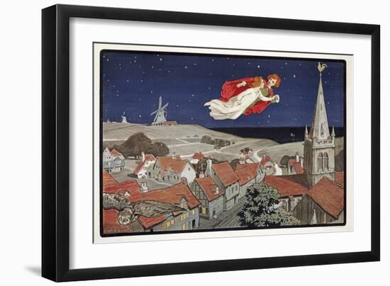 Peter and Wendy Flying from Peter Pan by J M Barrie (1860 - 1937) , Pub.1904 (Colour Litho)-Charles A Buchel-Framed Giclee Print