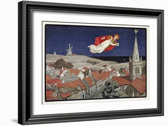 Peter and Wendy Flying from Peter Pan by J M Barrie (1860 - 1937) , Pub.1904 (Colour Litho)-Charles A Buchel-Framed Giclee Print