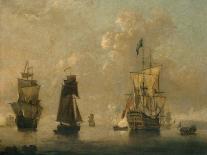 Harbor Scene: an English Ship with Sails Loosened Firing a Gun-Peter Monamy-Framed Giclee Print