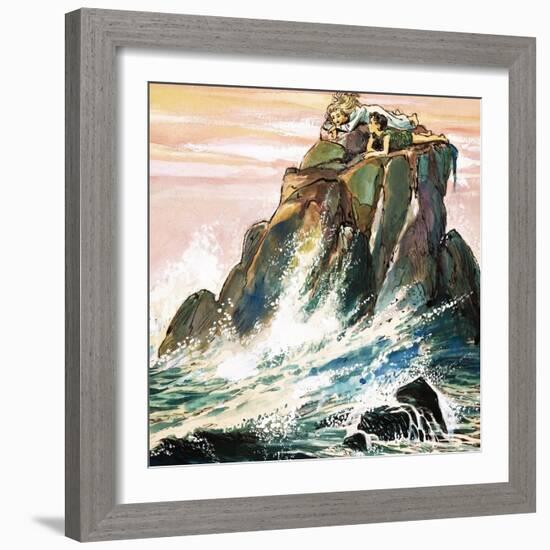 Peter Pan and Wendy Darling on a Rock, Illustration from 'Peter Pan' by J.M. Barrie-Nadir Quinto-Framed Giclee Print