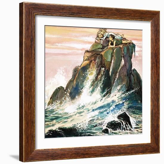 Peter Pan and Wendy Darling on a Rock, Illustration from 'Peter Pan' by J.M. Barrie-Nadir Quinto-Framed Giclee Print