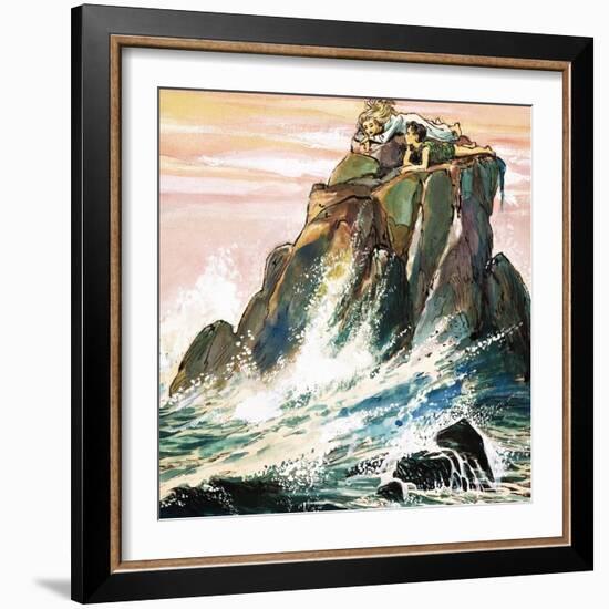 Peter Pan and Wendy Darling on a Rock, Illustration from 'Peter Pan' by J.M. Barrie-Nadir Quinto-Framed Giclee Print