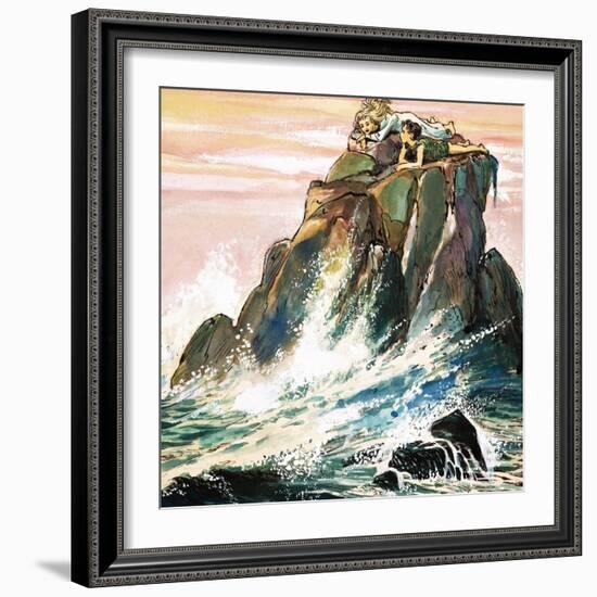 Peter Pan and Wendy Darling on a Rock, Illustration from 'Peter Pan' by J.M. Barrie-Nadir Quinto-Framed Giclee Print