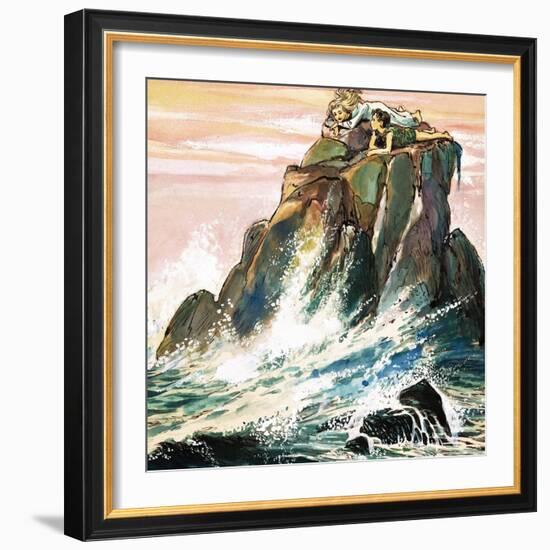 Peter Pan and Wendy Darling on a Rock, Illustration from 'Peter Pan' by J.M. Barrie-Nadir Quinto-Framed Giclee Print