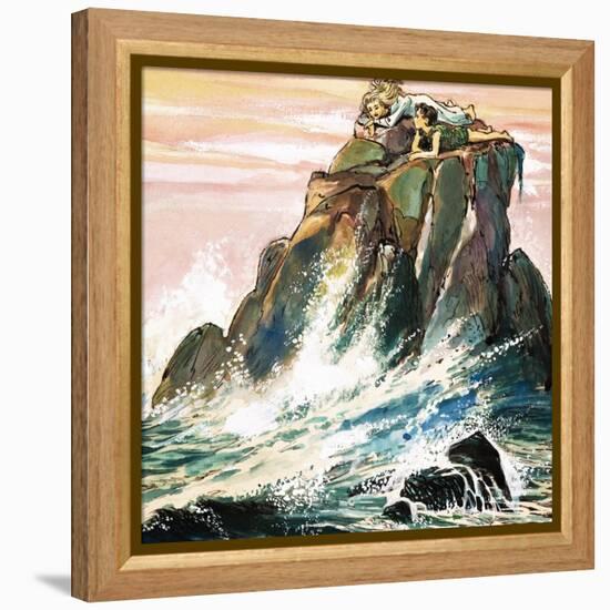 Peter Pan and Wendy Darling on a Rock, Illustration from 'Peter Pan' by J.M. Barrie-Nadir Quinto-Framed Premier Image Canvas