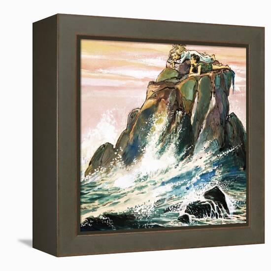 Peter Pan and Wendy Darling on a Rock, Illustration from 'Peter Pan' by J.M. Barrie-Nadir Quinto-Framed Premier Image Canvas