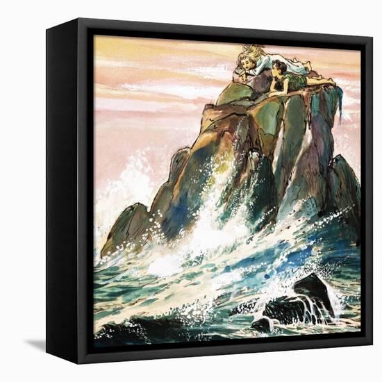 Peter Pan and Wendy Darling on a Rock, Illustration from 'Peter Pan' by J.M. Barrie-Nadir Quinto-Framed Premier Image Canvas