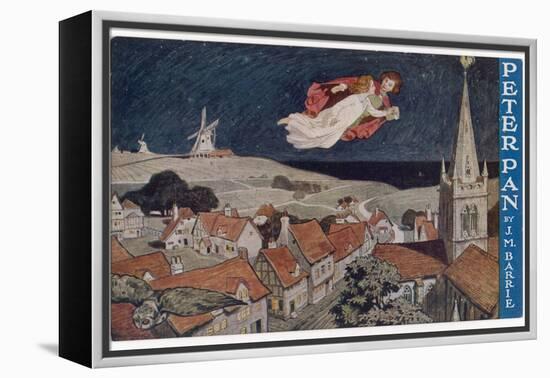 Peter Pan and Wendy Fly Over the Rooftops in a Poster to Advertise the Stage Show-null-Framed Premier Image Canvas