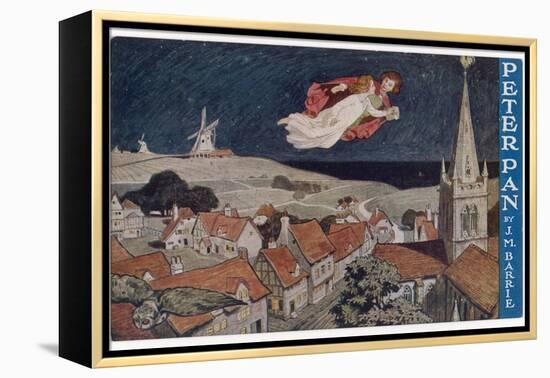 Peter Pan and Wendy Fly Over the Rooftops in a Poster to Advertise the Stage Show-null-Framed Premier Image Canvas