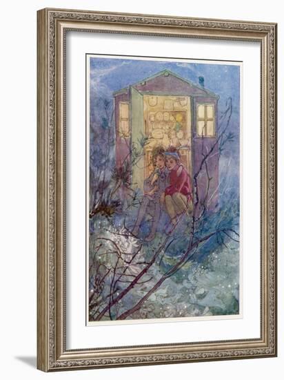 Peter Pan and Wendy Sit on the Doorstep of the Wendy House-Alice B. Woodward-Framed Premium Photographic Print