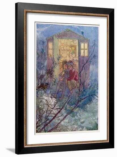 Peter Pan and Wendy Sit on the Doorstep of the Wendy House-Alice B. Woodward-Framed Premium Photographic Print