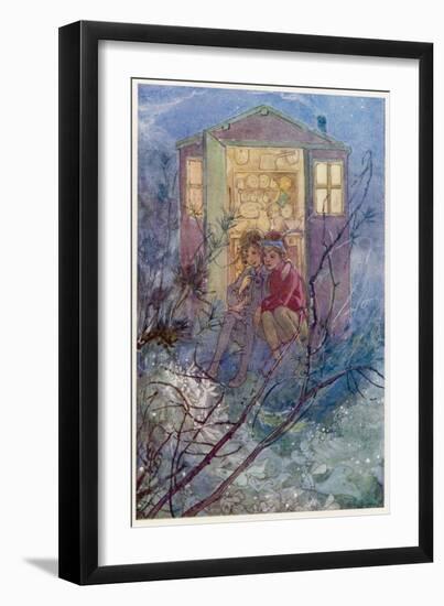 Peter Pan and Wendy Sit on the Doorstep of the Wendy House-Alice B. Woodward-Framed Premium Photographic Print