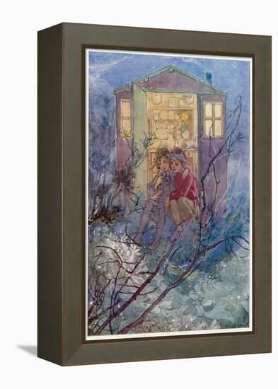 Peter Pan and Wendy Sit on the Doorstep of the Wendy House-Alice B. Woodward-Framed Premier Image Canvas