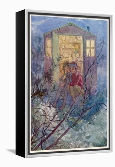 Peter Pan and Wendy Sit on the Doorstep of the Wendy House-Alice B. Woodward-Framed Premier Image Canvas