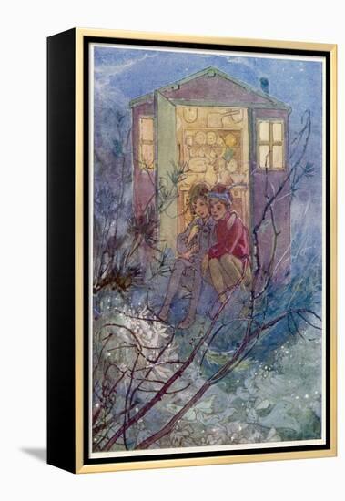 Peter Pan and Wendy Sit on the Doorstep of the Wendy House-Alice B. Woodward-Framed Premier Image Canvas