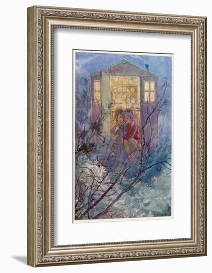 Peter Pan and Wendy Sit on the Doorstep of the Wendy House-Alice B. Woodward-Framed Photographic Print