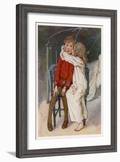 Peter Pan Being Kissed Gently on the Cheek by Wendy-Alice B. Woodward-Framed Art Print