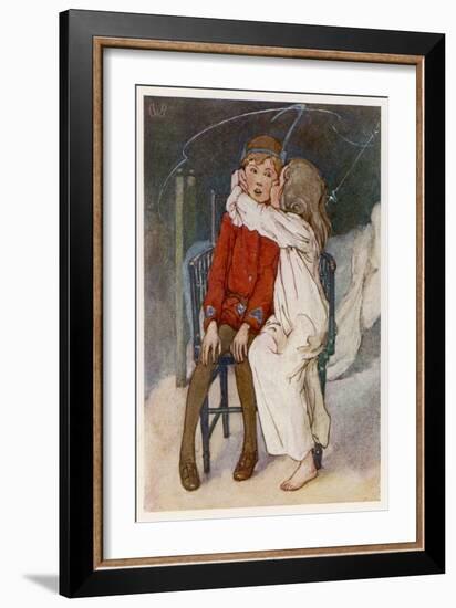 Peter Pan Being Kissed Gently on the Cheek by Wendy-Alice B. Woodward-Framed Art Print