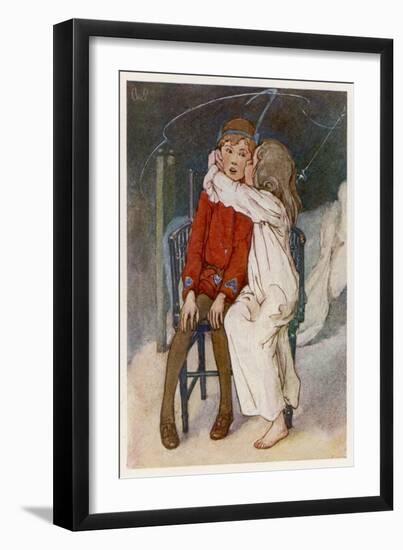 Peter Pan Being Kissed Gently on the Cheek by Wendy-Alice B. Woodward-Framed Art Print