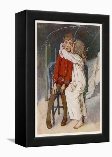 Peter Pan Being Kissed Gently on the Cheek by Wendy-Alice B. Woodward-Framed Stretched Canvas