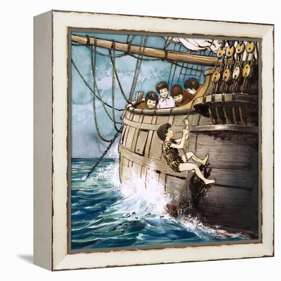 Peter Pan Climbing Aboard, Illustration from 'Peter Pan' by J.M. Barrie-Nadir Quinto-Framed Premier Image Canvas