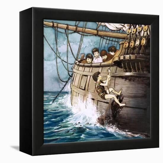 Peter Pan Climbing Aboard, Illustration from 'Peter Pan' by J.M. Barrie-Nadir Quinto-Framed Premier Image Canvas