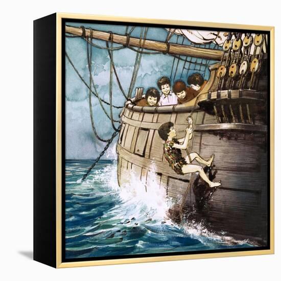 Peter Pan Climbing Aboard, Illustration from 'Peter Pan' by J.M. Barrie-Nadir Quinto-Framed Premier Image Canvas