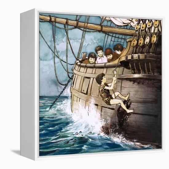 Peter Pan Climbing Aboard, Illustration from 'Peter Pan' by J.M. Barrie-Nadir Quinto-Framed Premier Image Canvas