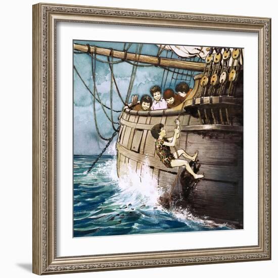 Peter Pan Climbing Aboard, Illustration from 'Peter Pan' by J.M. Barrie-Nadir Quinto-Framed Giclee Print