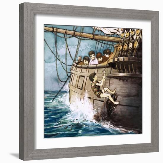 Peter Pan Climbing Aboard, Illustration from 'Peter Pan' by J.M. Barrie-Nadir Quinto-Framed Giclee Print