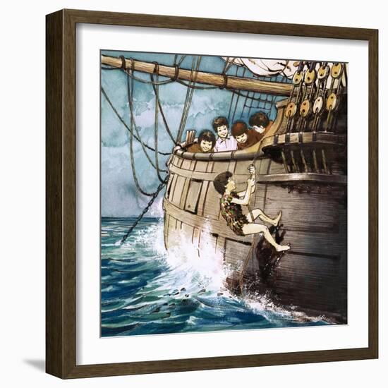 Peter Pan Climbing Aboard, Illustration from 'Peter Pan' by J.M. Barrie-Nadir Quinto-Framed Giclee Print