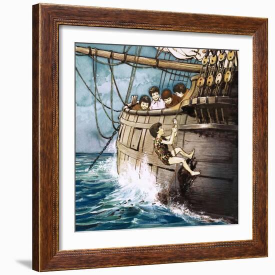 Peter Pan Climbing Aboard, Illustration from 'Peter Pan' by J.M. Barrie-Nadir Quinto-Framed Giclee Print