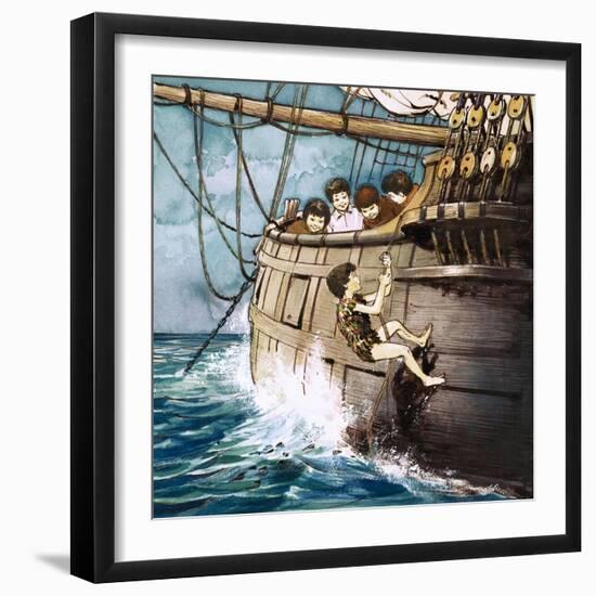 Peter Pan Climbing Aboard, Illustration from 'Peter Pan' by J.M. Barrie-Nadir Quinto-Framed Giclee Print