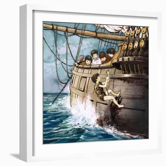 Peter Pan Climbing Aboard, Illustration from 'Peter Pan' by J.M. Barrie-Nadir Quinto-Framed Giclee Print