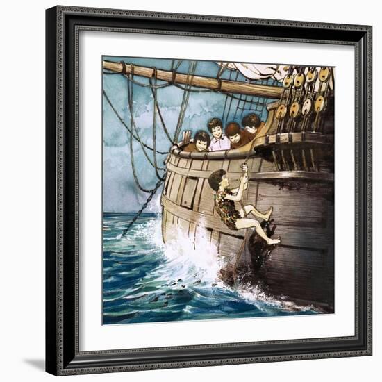 Peter Pan Climbing Aboard, Illustration from 'Peter Pan' by J.M. Barrie-Nadir Quinto-Framed Giclee Print