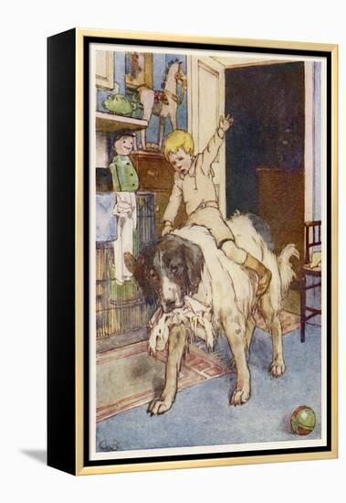 Peter Pan, Michael Rides on the Back of the Dog Nana-Alice B. Woodward-Framed Premier Image Canvas