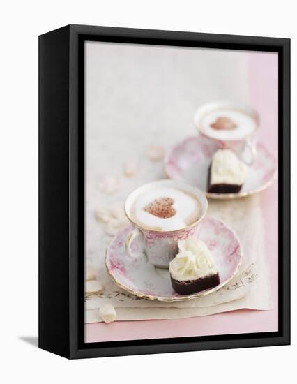 Petit Fours and Cappuccino Decorated with Cocoa Powder Hearts-Gareth Morgans-Framed Premier Image Canvas