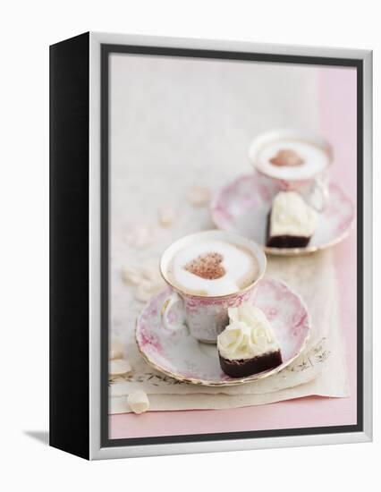Petit Fours and Cappuccino Decorated with Cocoa Powder Hearts-Gareth Morgans-Framed Premier Image Canvas
