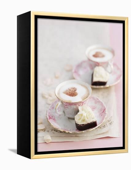 Petit Fours and Cappuccino Decorated with Cocoa Powder Hearts-Gareth Morgans-Framed Premier Image Canvas