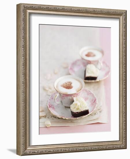 Petit Fours and Cappuccino Decorated with Cocoa Powder Hearts-Gareth Morgans-Framed Photographic Print